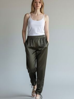 Satin Olive Smocked Waist Drawstring Ankle Jogger Pant NWT Size Small